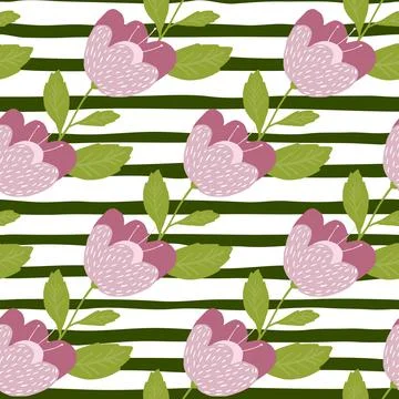 Romantic flowers seamless pattern on stripe background. Vintage botany textur Stock Illustration