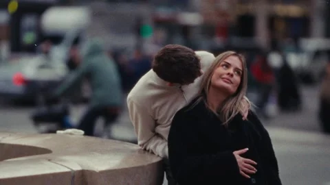 Romantic Getaway Concept Couple Embracing In Paris Cityscape With Super 8 Film Stock Footage 330094510