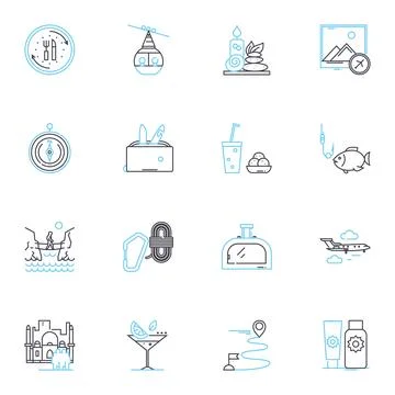 Romantic getaway linear icons set. Serenity, Tranquility, Bliss, Intimacy Stock Illustration