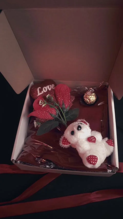 Romantic Gift Box with Teddy Bear and Red Roses for Valentine Day Surprise Video stock 323453279