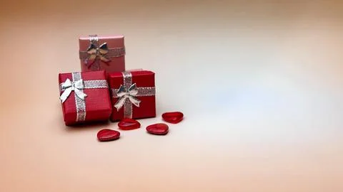 Romantic Gift Boxes With Red Hearts On Soft Gradient Background Stock Photos