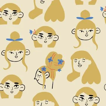 Romantic girls vector seamless pattern. Beautiful girl with blond hair and light Stock Illustration