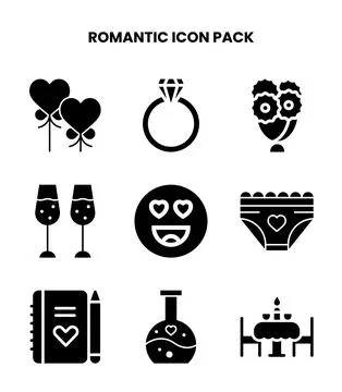 Romantic Glyph Vector Icons Pack Stock Illustration