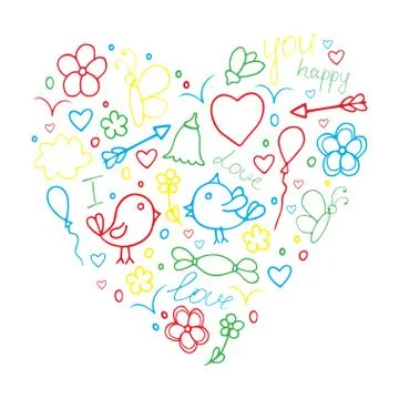 Romantic hand drawn doodle concept in love with birds and hearts Stock Illustration