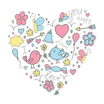 Romantic hand drawn doodle concept in love with birds and hearts Stock Illustration
