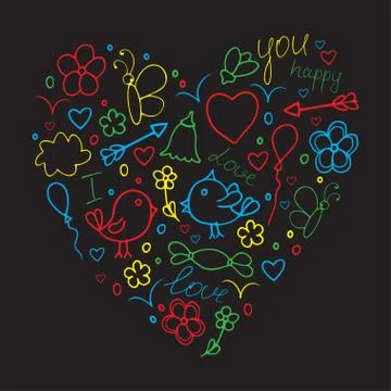 Romantic hand drawn doodle concept in love with birds and hearts Stock Illustration