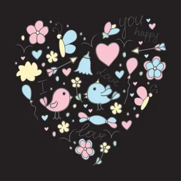 Romantic hand drawn doodle concept in love with birds and hearts Stock Illustration