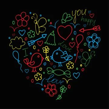 Romantic hand drawn doodle concept in love with birds and hearts Stock Illustration