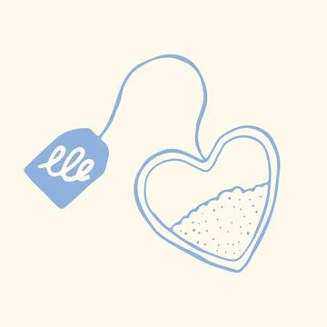 Romantic hand-drawn vector of a heart shaped tea bag with a label. Minimalist Stock Illustration