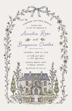 Romantic hand-drawn wedding invitation template featuring a charming countrys Stock Illustration