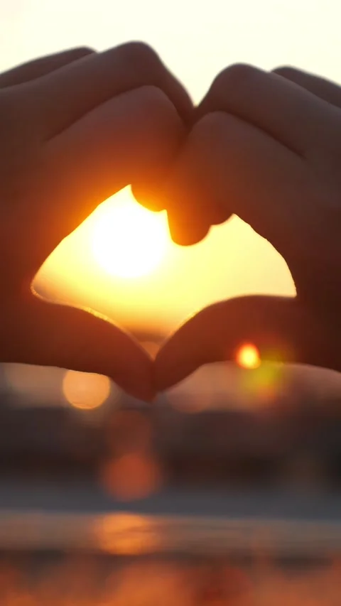 Romantic hands making a heart shape silhouette gesture and catching the sunset Stock Footage 341439826