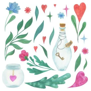 Romantic heart elements and flowers. Texture plants, bottles and stars. 库存插图