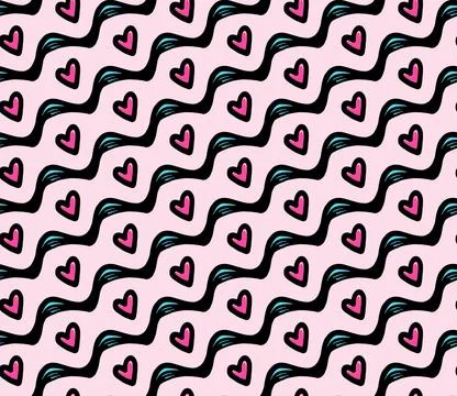 Romantic Heart Pattern with Black Wavy Lines Stock Illustration