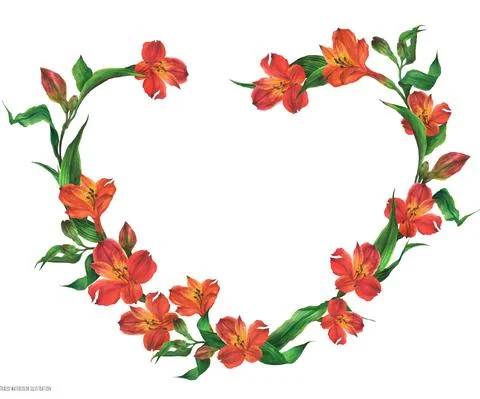 Romantic heart shape wreath with red flowers Stock Illustration