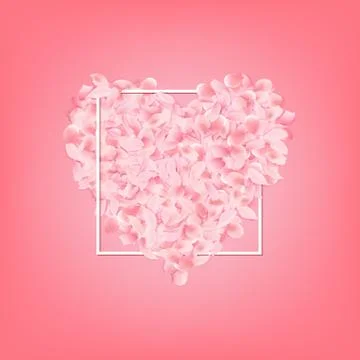 Romantic holiday background. Vector petals in heart shape with white frame on Stock Illustration