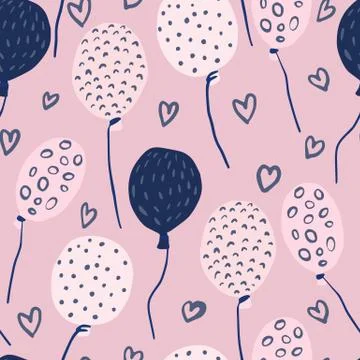 Romantic holiday seamless pattern with balloons and hearts onament. Stylized  Stock Illustration