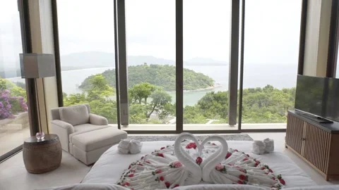 Romantic hotel room view bed Stock Footage 144588024