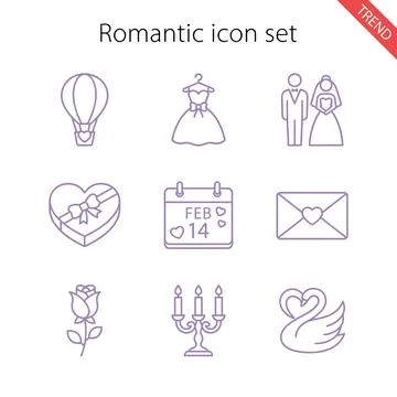 Romantic icon set featuring wedding couple, hot air balloon, heart gift box.. Stock Illustration