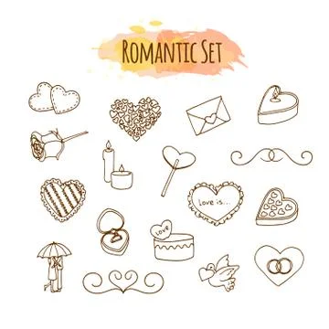 Romantic illustrations. Hand drawn wedding set. Doodle style elements for happy Stock Illustration