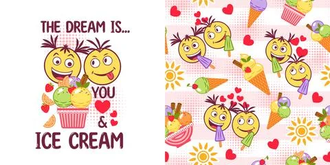 Romantic labels, pattern with ice cream, fruits, crazy emoji love couple, tex Stock Illustration