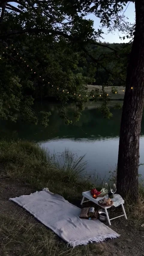Romantic Lakeside Picnic at Twilight Stock Footage 341630113