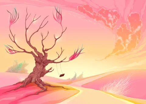 Romantic landscape with tree and sunset Stock Illustration
