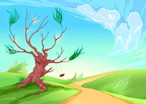 Romantic landscape with tree Stock Illustration