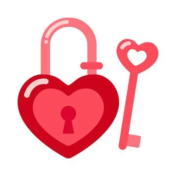 Romantic lock symbol, Minimalist flat art depicting pink heart padlock and Stock Illustration