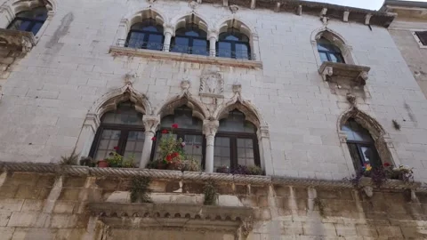 Romantic looking-up street scenery in Porec Stock Footage 345438662