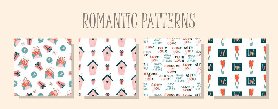 Romantic love pattern. A set of patterns in the same style. Valentine's day d Illustrazione stock
