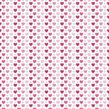 Romantic love seamless pattern with pink simple hearts and polka dots, vector. Stock Illustration