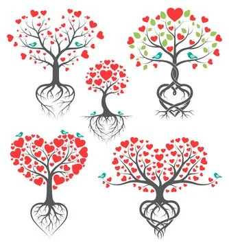 Romantic Love Tree Vector Set with Red Heart Leaves and Cute Blue Birds for.. Stock Illustration