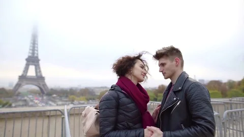 Romantic man in leather jacket hugs his charming girlfriend outdoor in autumn Stock Footage 98888942