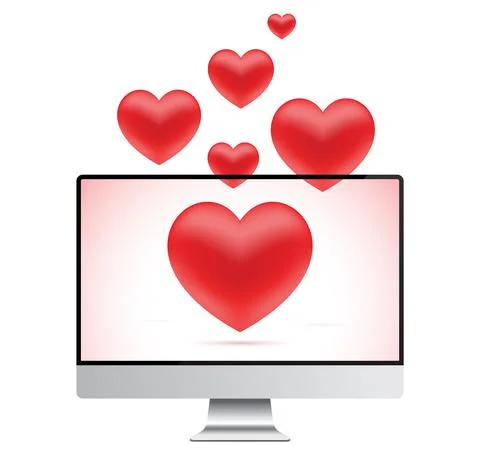 Romantic message concept, with PC and hearts. Stock Illustration