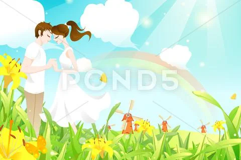 Romantic moment between young couple Stock Illustration