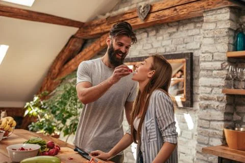 Romantic moment in the kitchen Foto stock
