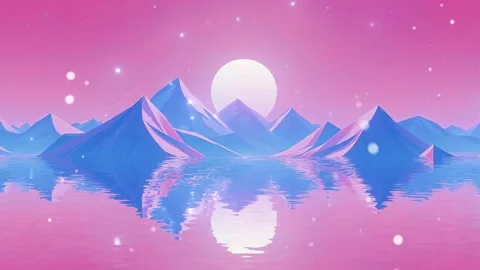 Romantic Mountain Landscape Reflection Under Moon with Snow Animation Unit Stock Footage 305229317