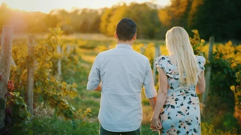 Romantic multi-ethnic couple walking through a vineyard. Private wine tasting Stock Footage 99962699