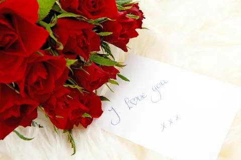 Romantic note: i love with red roses Stock Photos