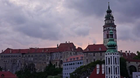 Romantic Old Tower and Castle Against Moody Evening Sky Vídeo Stock 313385359