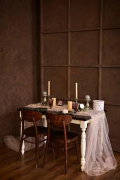 Romantic or Wedding dinner setup or Holiday table setting Stock Photos