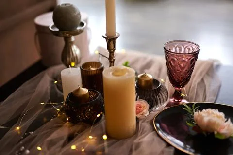 Romantic or Wedding dinner setup or Holiday table setting Stock Photos