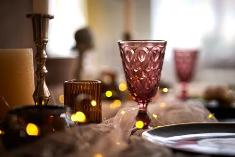 Romantic or Wedding dinner setup or Holiday table setting Stock Photos