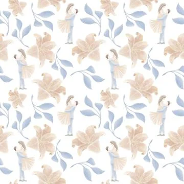 Romantic pattern, with the bride and groom, twigs, with blue leaves and a bei Stock Illustration