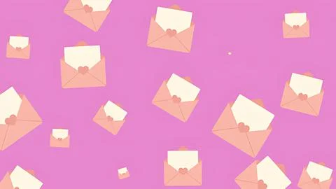 Romantic pattern of pink love letter envelopes with heart stickers on a pur.. Stock-Illustration