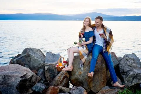 Romantic picnic by the lake Stock Photos