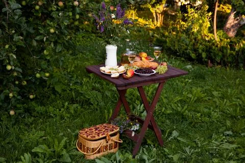 Romantic picnic table setting with wine, fruits, bread and wildflowers in g.. Stock Photos