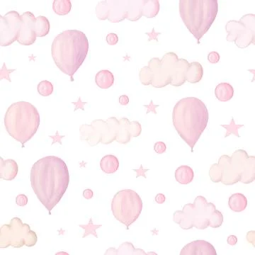 Romantic pink balloons flying in the sky pattern on white Stock Illustration