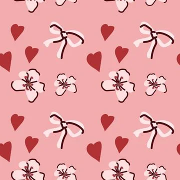 Romantic pink pattern with bows, flowers, and hearts on a soft background Stock Illustration