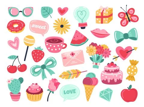 Romantic planner stickers. Love elements, hand drawn cute valentines Stock Illustration